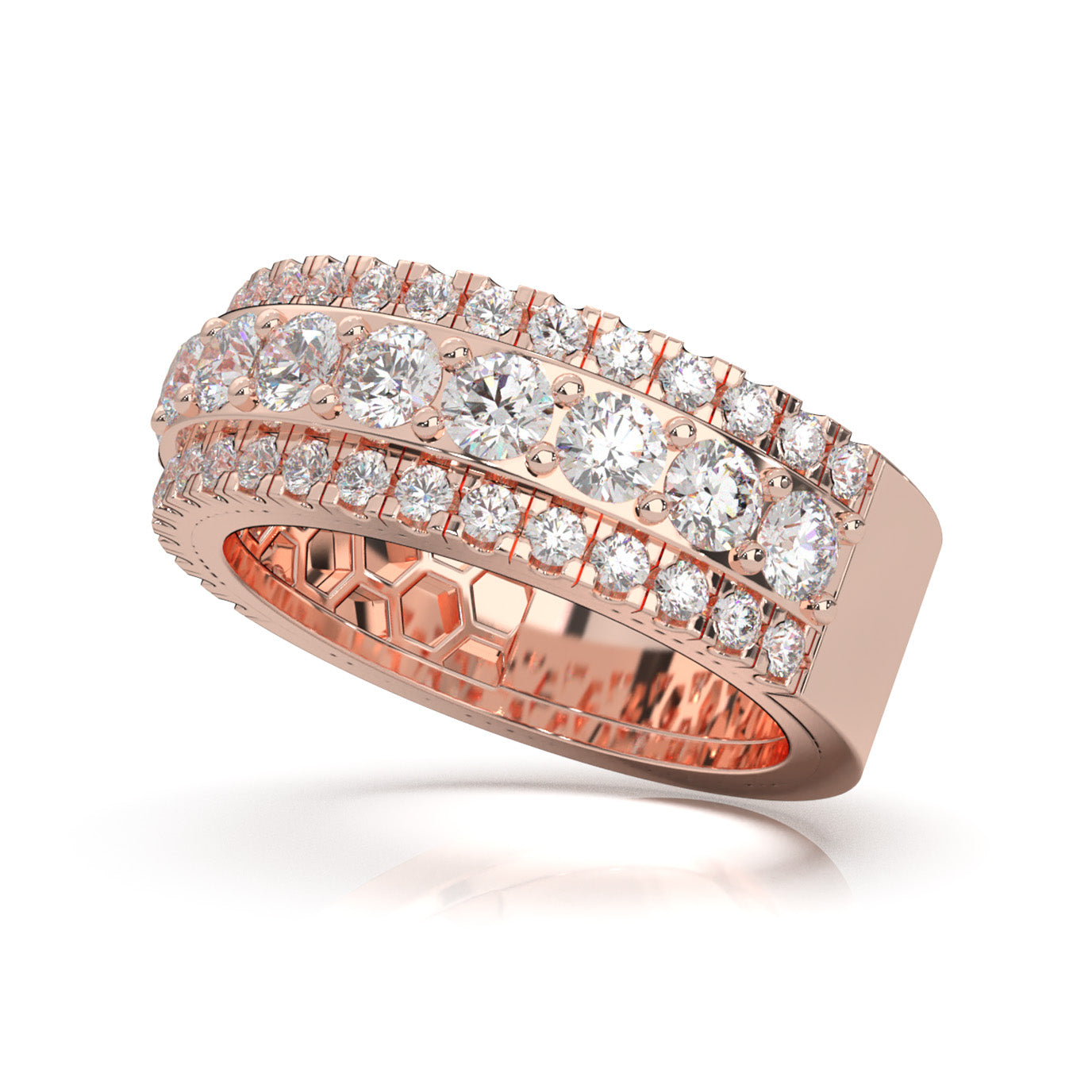 2.30 ct Natural Diamond Round Cut Raised Stepped 3 Row Mens Wedding Band in 14k Rose Gold