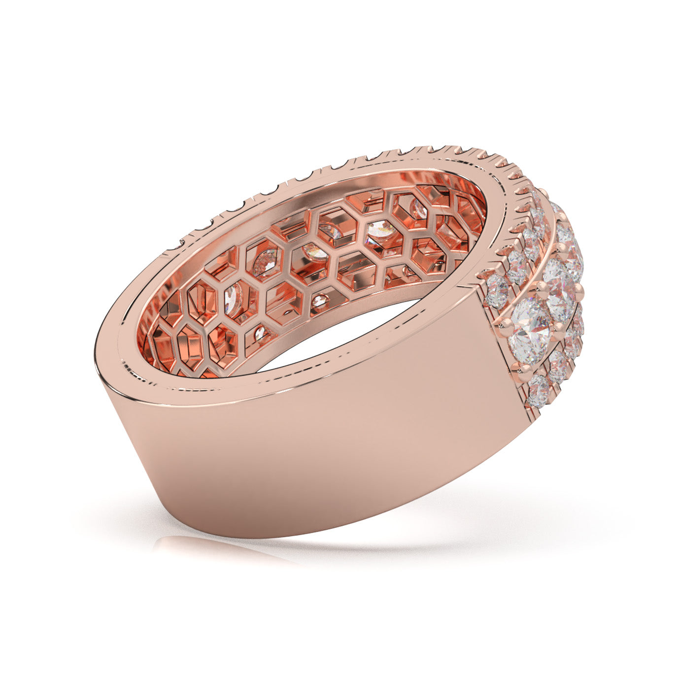 2.30 ct Moissanite Round Cut Raised Stepped 3 Row Mens Wedding Band in 10k Rose Gold