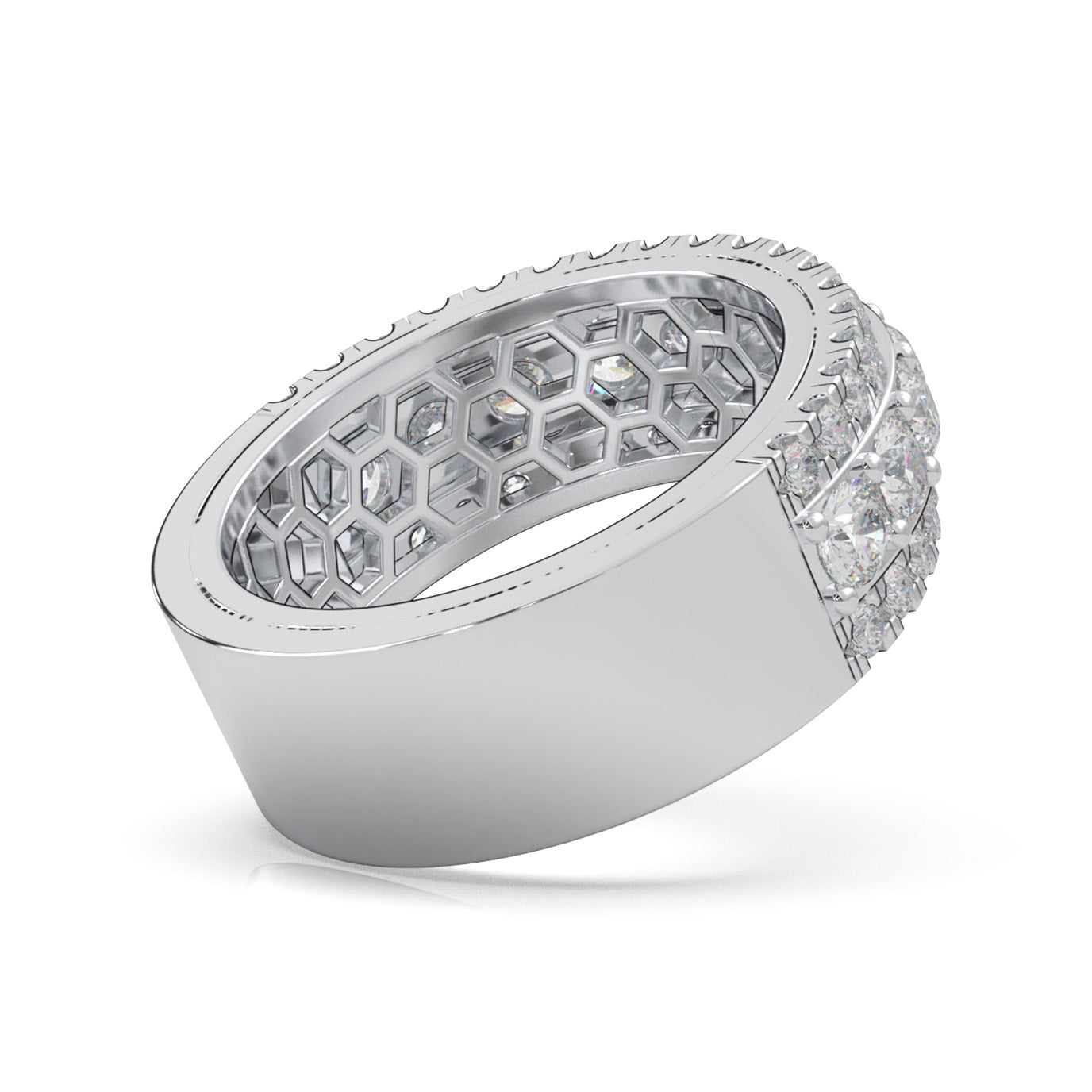 2.30 ct Moissanite Round Cut Raised Stepped 3 Row Mens Wedding Band in 10k White Gold