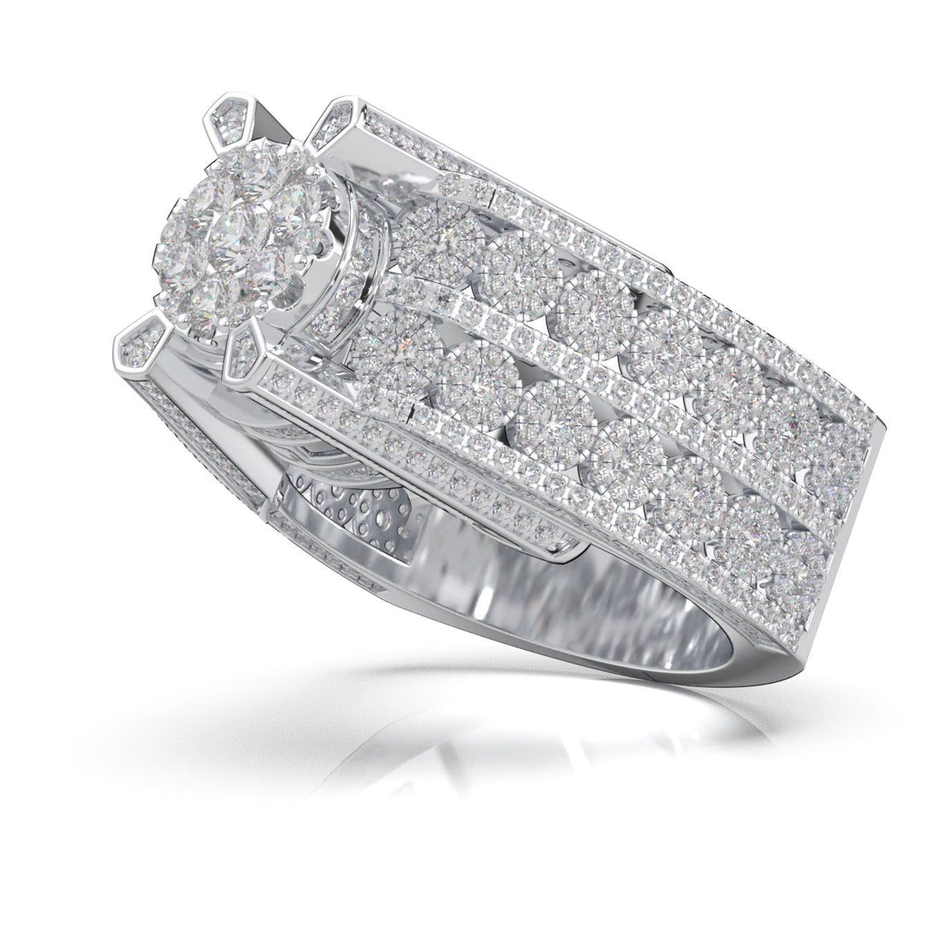 3.90 ct Natural Diamond Large Cluster Mens Ring in 14k White Gold
