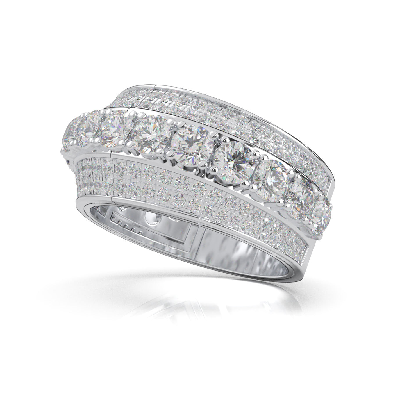 2.90 ct Natural Diamond Round Cut 5 Row Large Stones Mens Ring in 14k White Gold