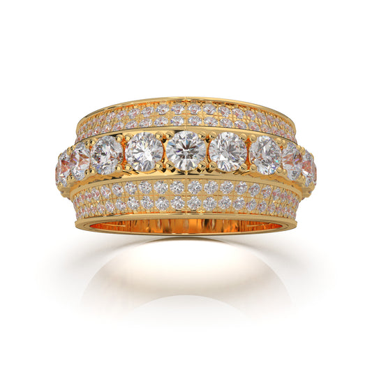 2.90 ct Moissanite Round Cut 5 Row Large Stones Mens Ring in 14k Yellow Gold