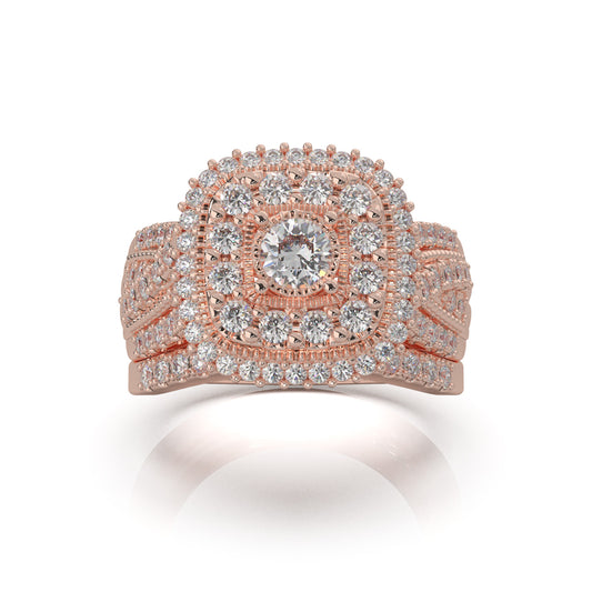 1.60 ct Moissanite Round Cut Square Head Double Halo Engagement Set in 10k Rose Gold