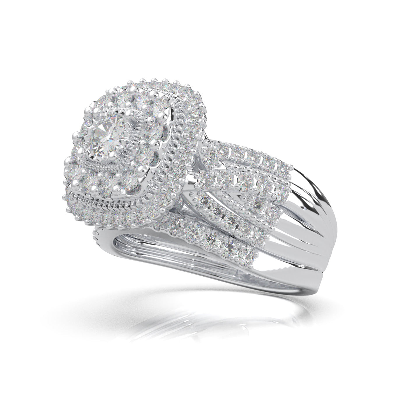 1.60 ct Moissanite Round Cut Square Head Double Halo Engagement Set in 14k White Gold