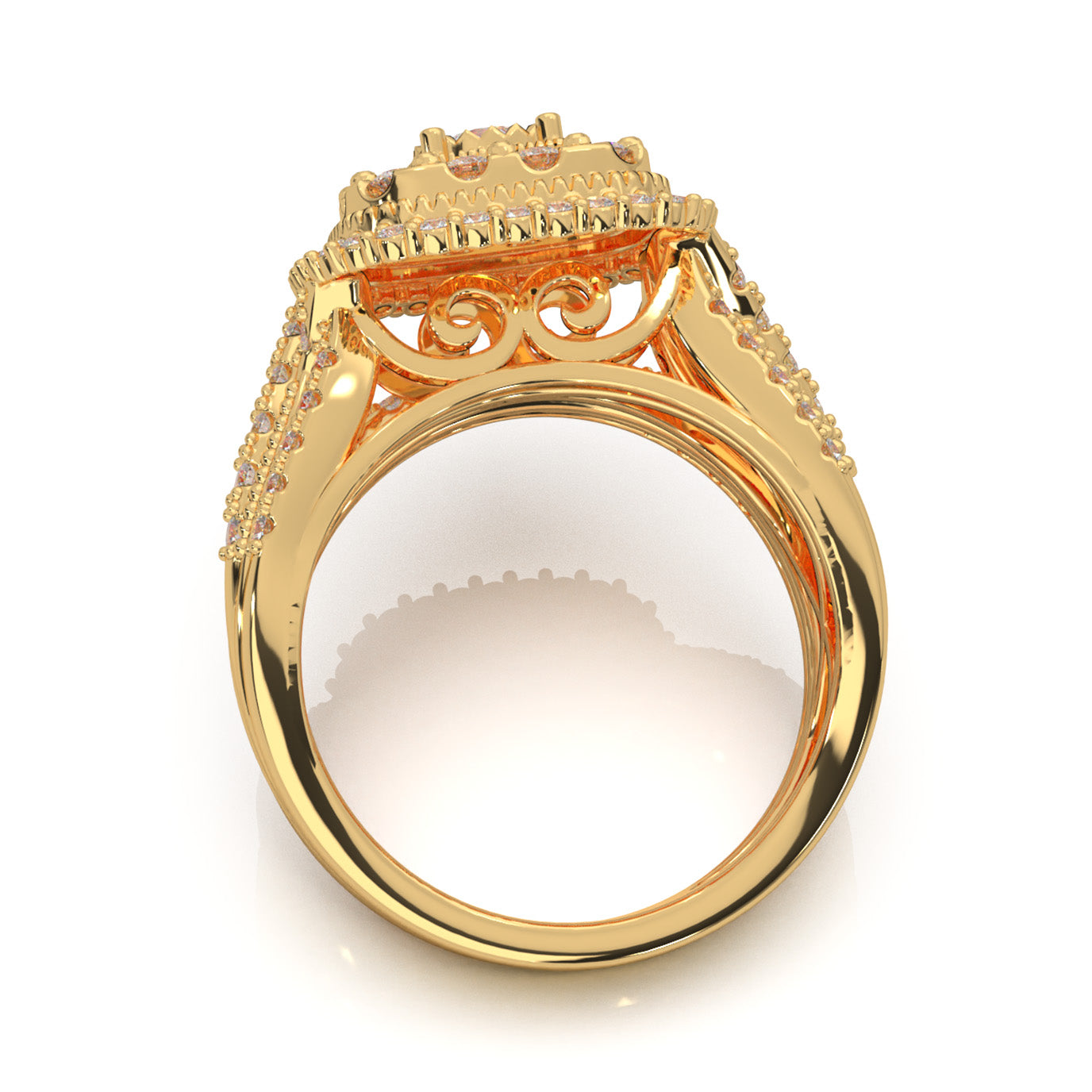 1.60 ct Moissanite Round Cut Square Head Double Halo Engagement Set in 14k Yellow Gold