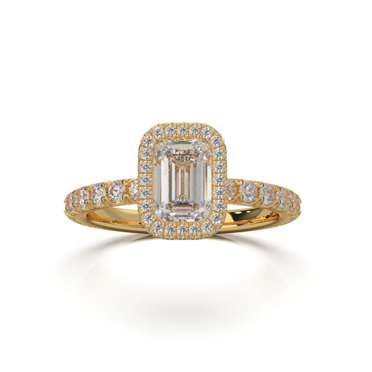 1.75 ct Emerald Cut Lab Grown Diamond Halo Engagement Ring in 14k Yellow Gold
