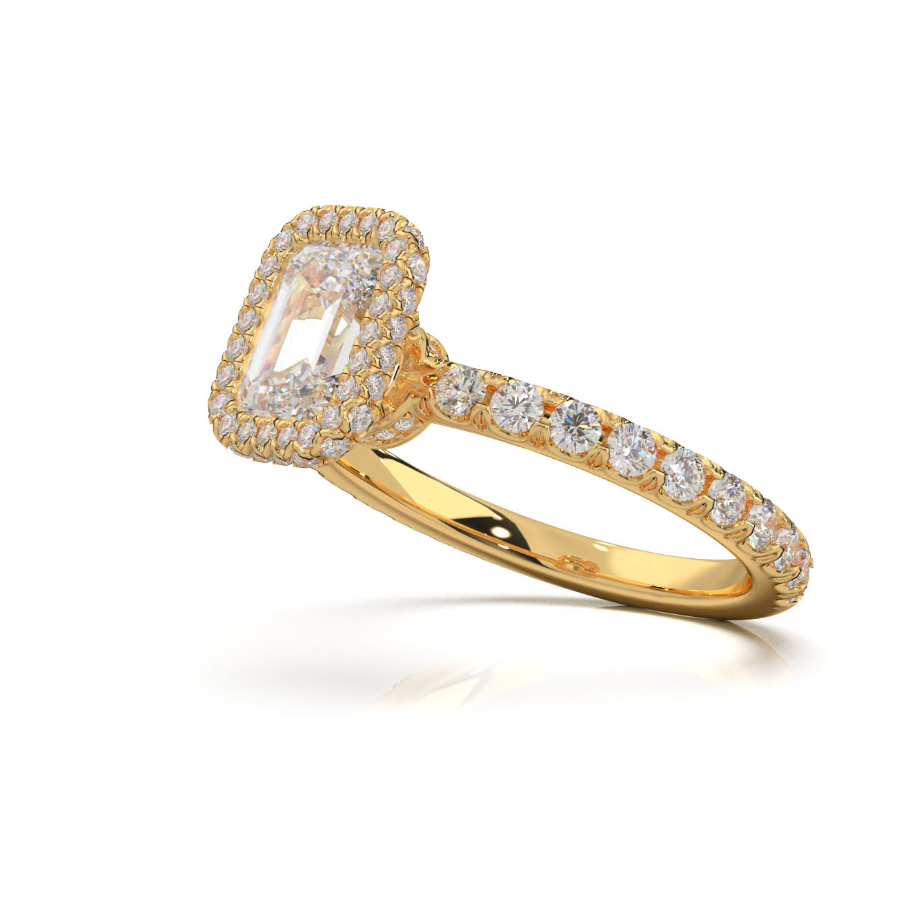 1.75 ct Emerald Cut Lab Grown Diamond Halo Engagement Ring in 14k Yellow Gold