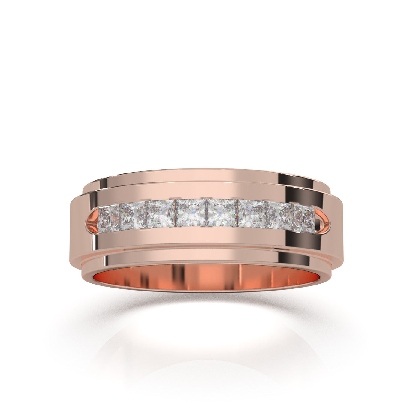 0.80 ct Moissanite Princess Cut Raised Center Mens Wedding Band in 14k Rose Gold