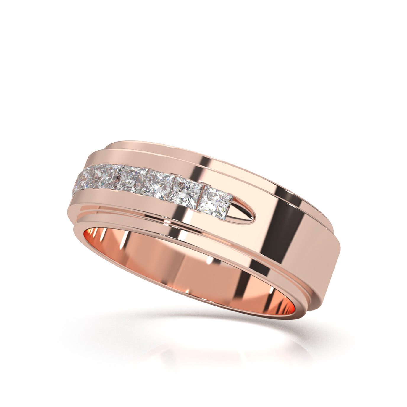 0.80 ct Moissanite Princess Cut Raised Center Mens Wedding Band in 10k Rose Gold