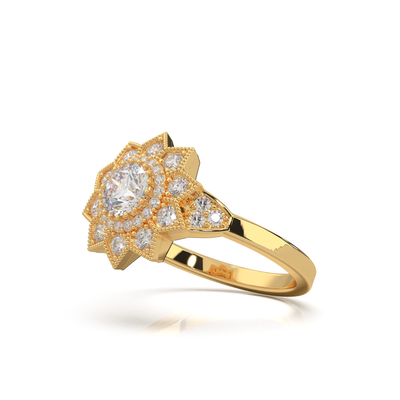 1.00 ct Lab Grown Diamond Round Cut Star Halo Engagement Ring in 14k Yellow Gold
