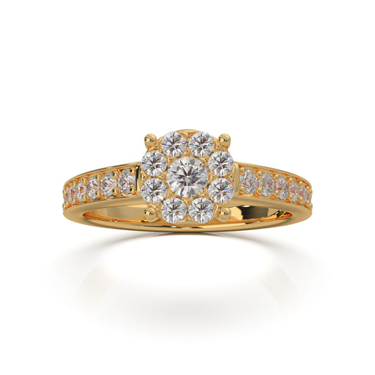 0.85 ct Moissanite Round Halo Engagement Ring in 10k Yellow Gold