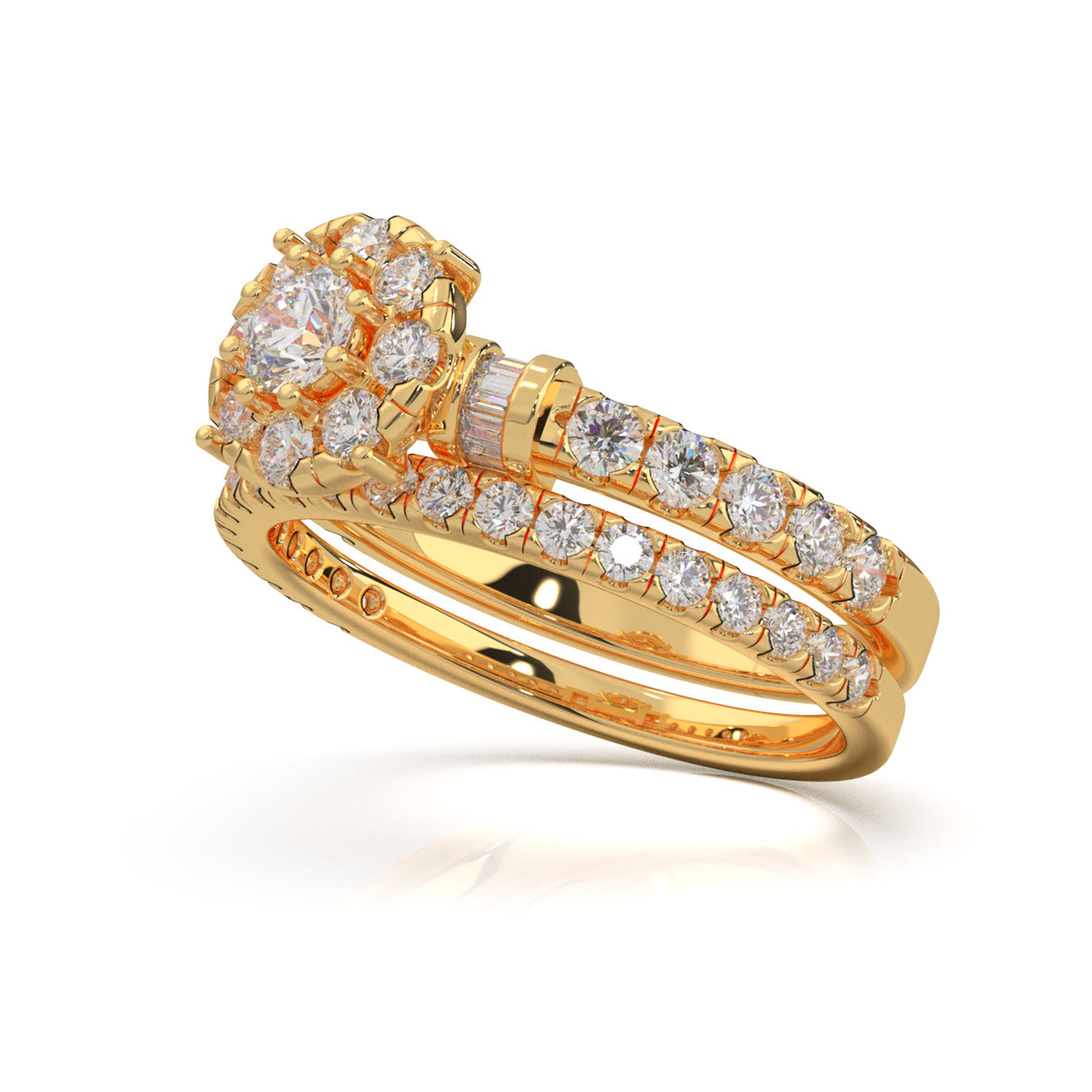 1.40 ct Natural Diamond Round Halo Baguette Accent Engagement Set in 14k Yellow Gold