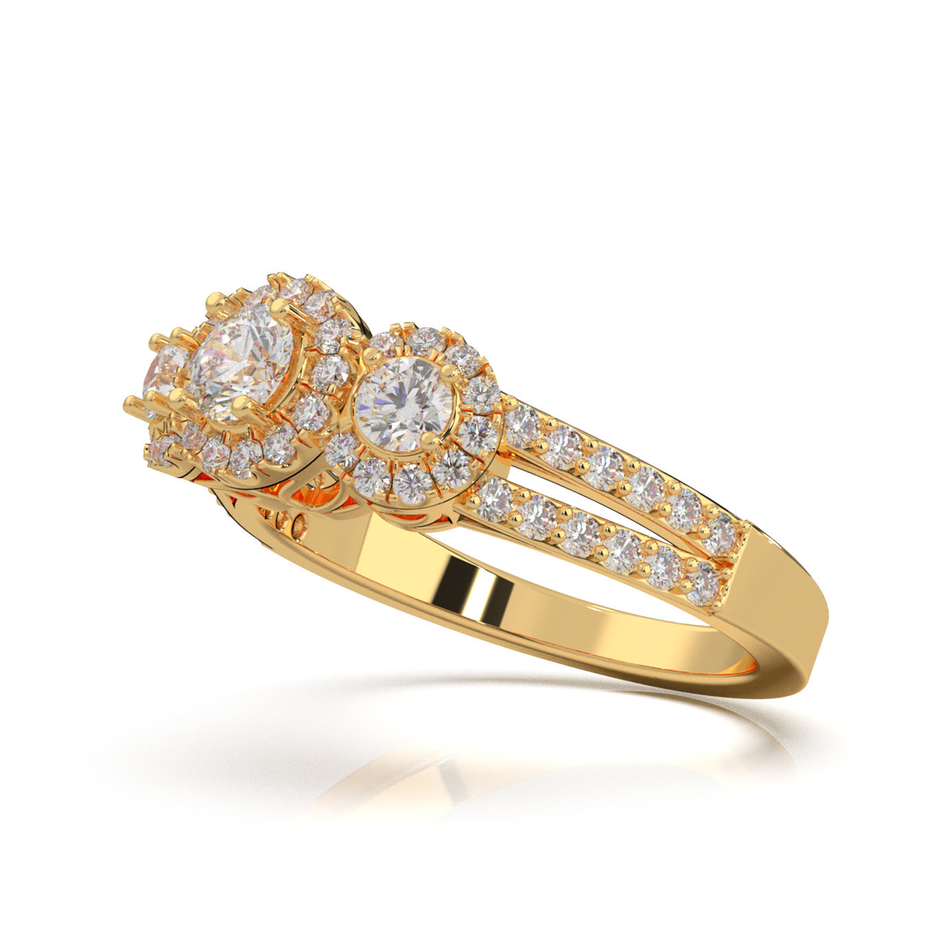 1.10 ct Lab Grown Diamond 3 Stone Halo Engagement Ring in 14k Yellow Gold