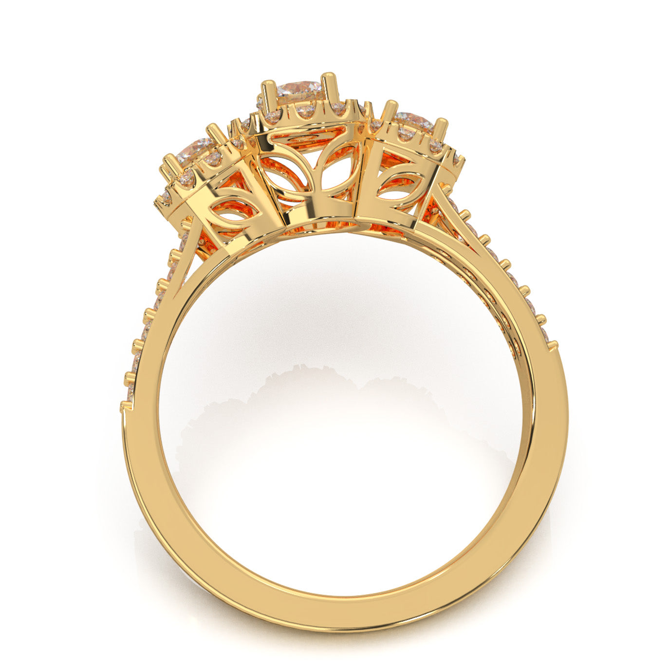 1.10 ct Lab Grown Diamond 3 Stone Halo Engagement Ring in 14k Yellow Gold