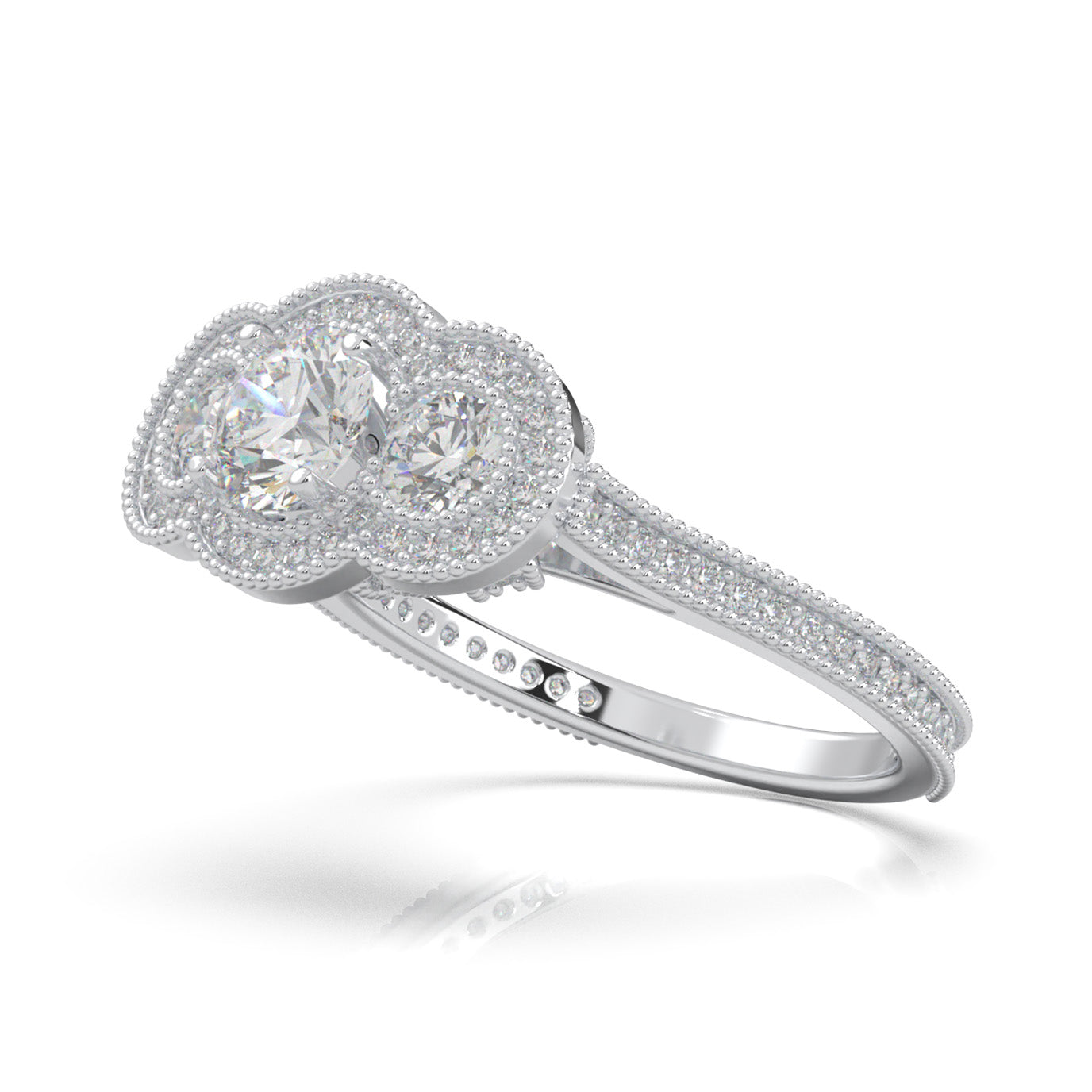 1.70 ct Moissanite Round Cut 3 Stone Halo Engagement Ring in 10k White Gold