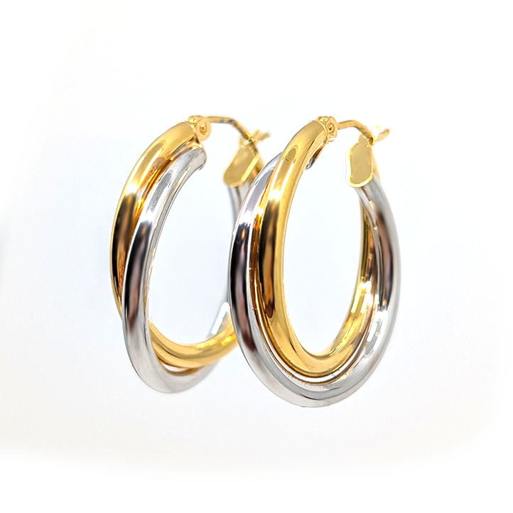 A medium hoop earring with both 10k yellow and white gold intertwined. 26.4mm Diameter, 4.5mm Thickness