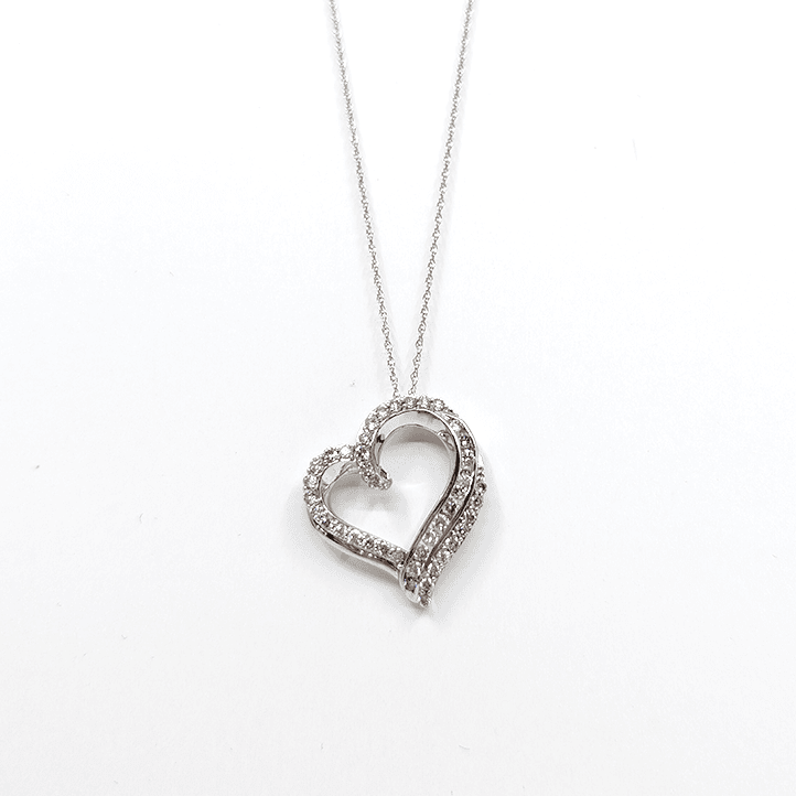 A 10k white gold necklace with a 1ctw natural diamond heart pendant design. Length: 18"