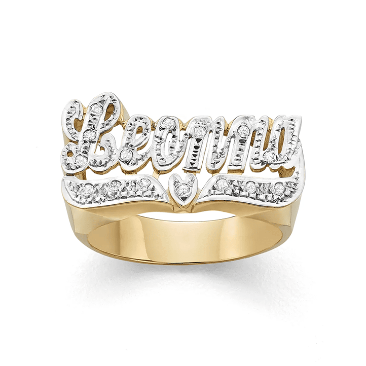 Personalized script letter white pave cut on top and heart tail name ring.