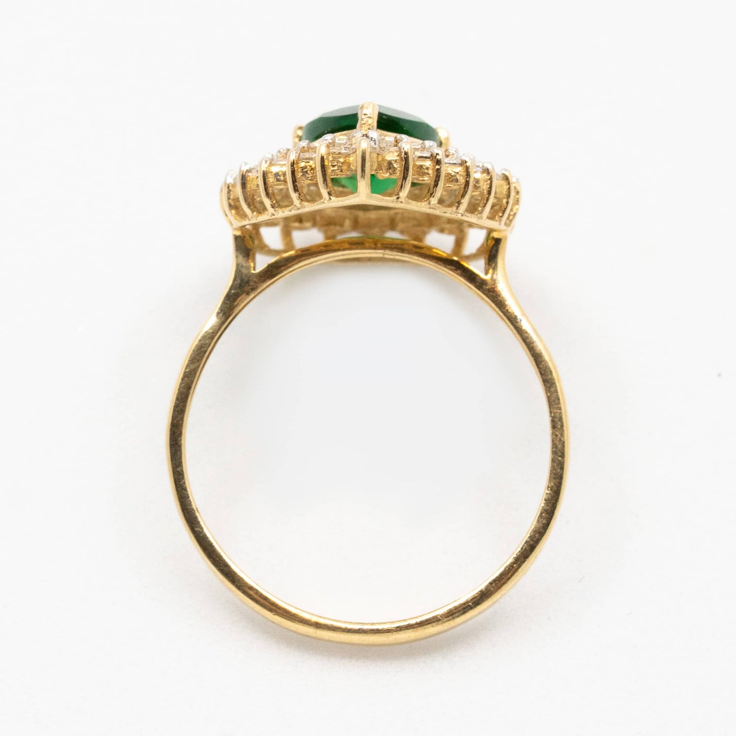 Vintage 10k Gold Pear-Cut Synthetic Emerald Ring with Cubic Zirconia Halo