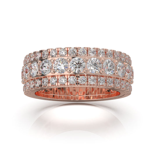 2.30 ct Natural Diamond Round Cut Raised Stepped 3 Row Mens Wedding Band in 14k Rose Gold