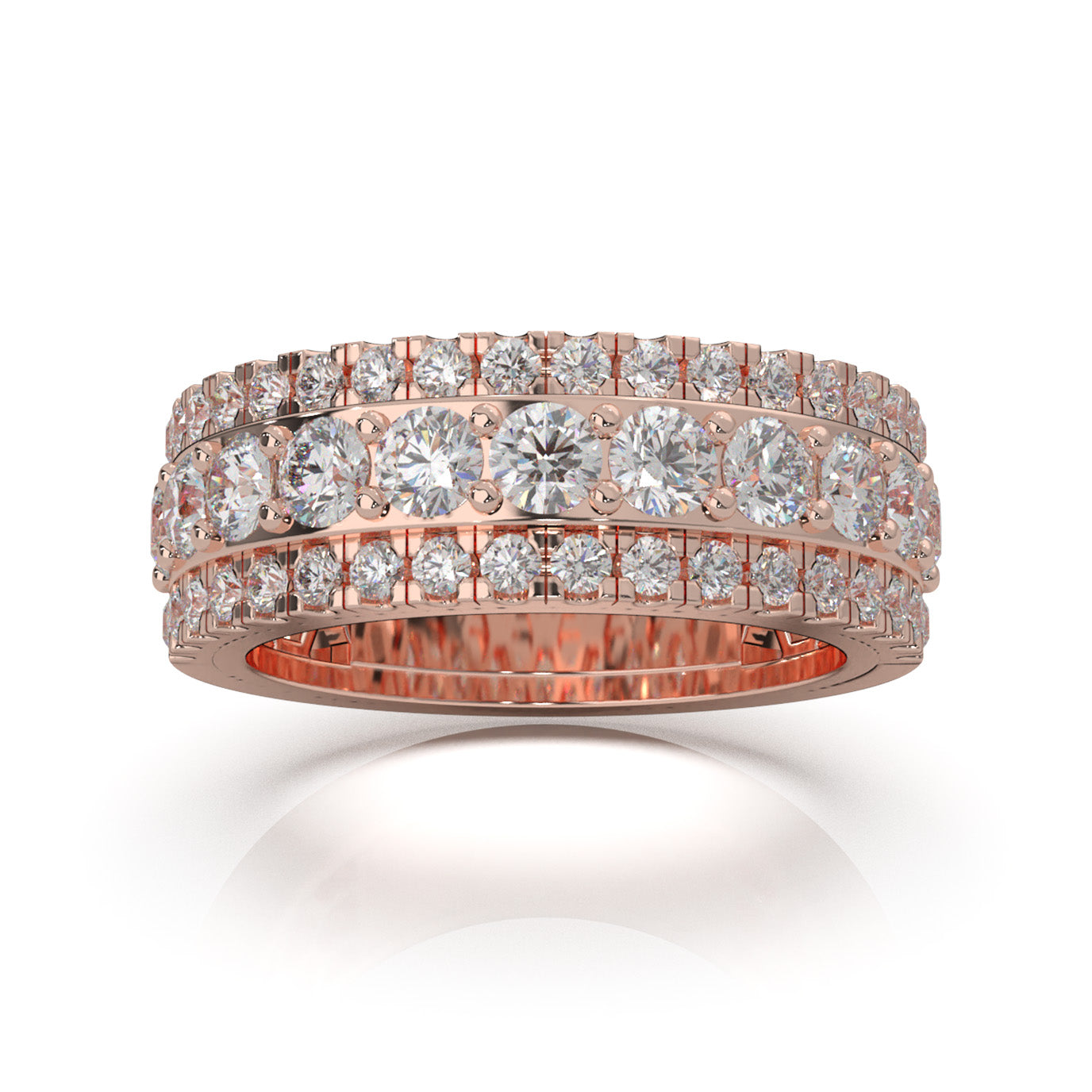 2.30 ct Moissanite Round Cut Raised Stepped 3 Row Mens Wedding Band in 10k Rose Gold