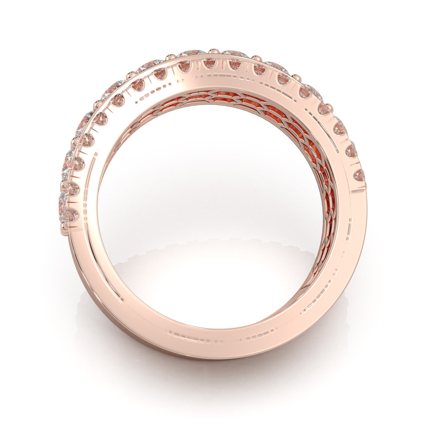 2.30 ct Moissanite Round Cut Raised Stepped 3 Row Mens Wedding Band in 10k Rose Gold