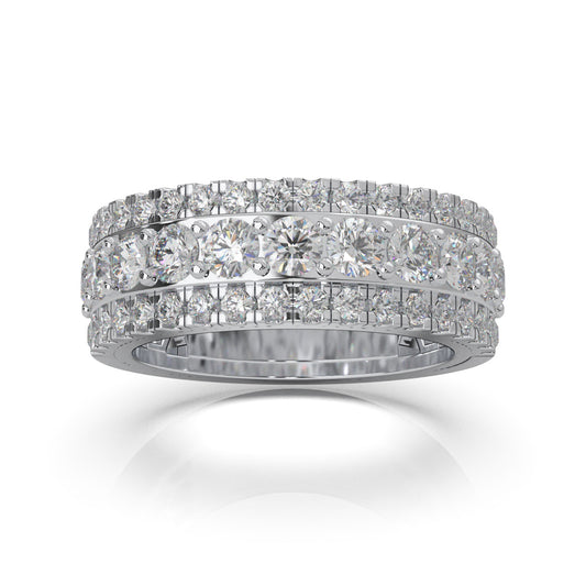 2.30 ct Moissanite Round Cut Raised Stepped 3 Row Mens Wedding Band in 14k White Gold