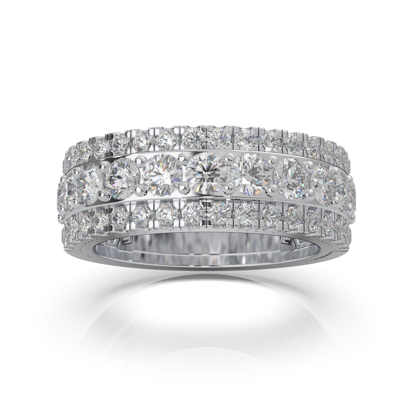 2.30 ct Moissanite Round Cut Raised Stepped 3 Row Mens Wedding Band in 10k White Gold