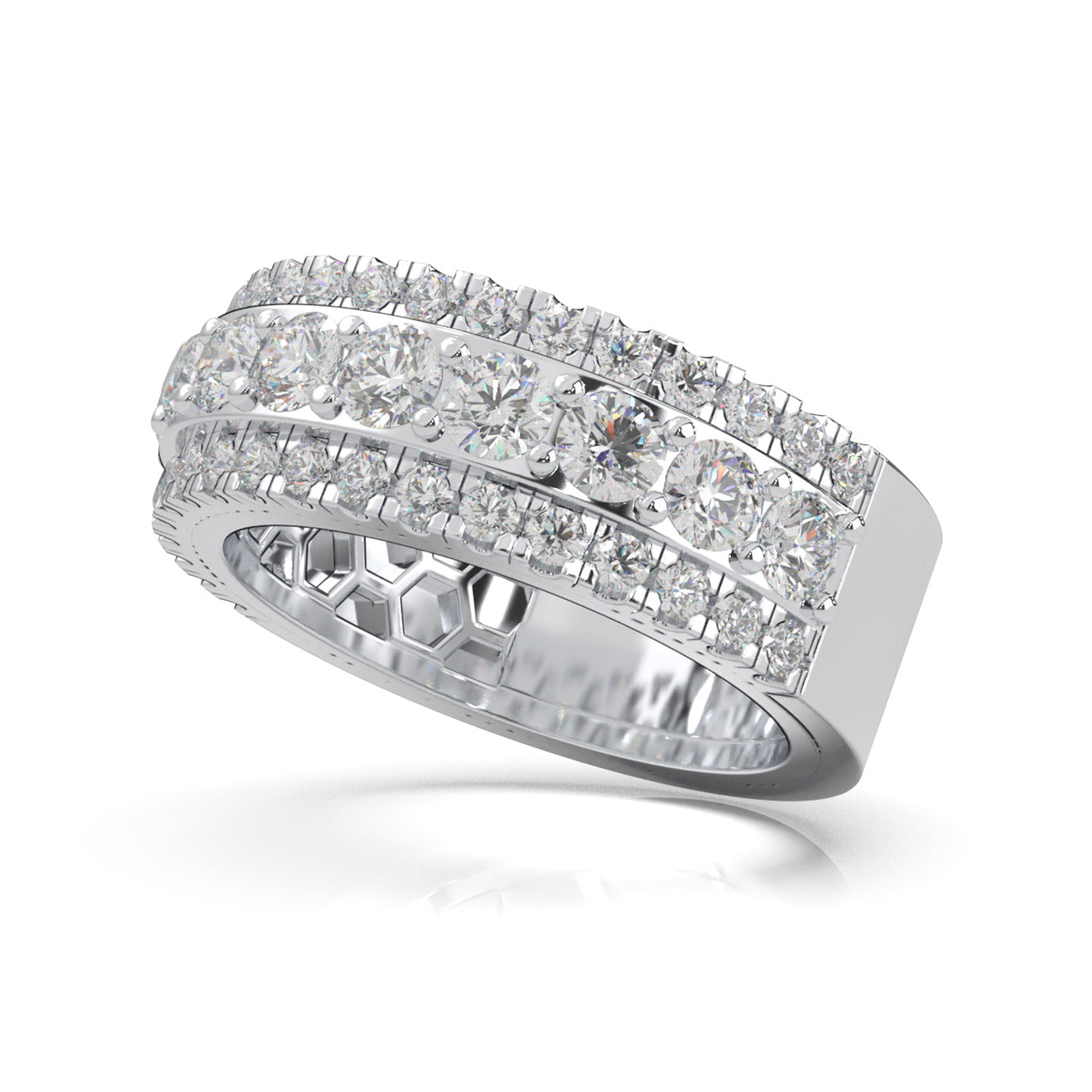 2.30 ct Moissanite Round Cut Raised Stepped 3 Row Mens Wedding Band in 14k White Gold