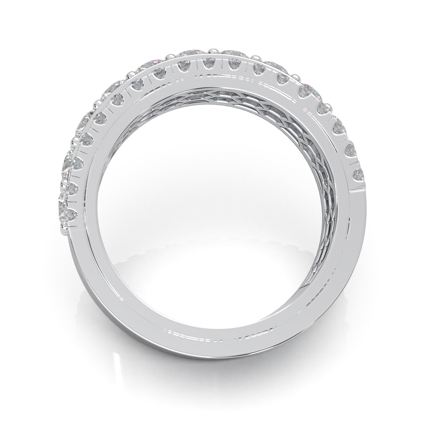 2.30 ct Moissanite Round Cut Raised Stepped 3 Row Mens Wedding Band in 14k White Gold