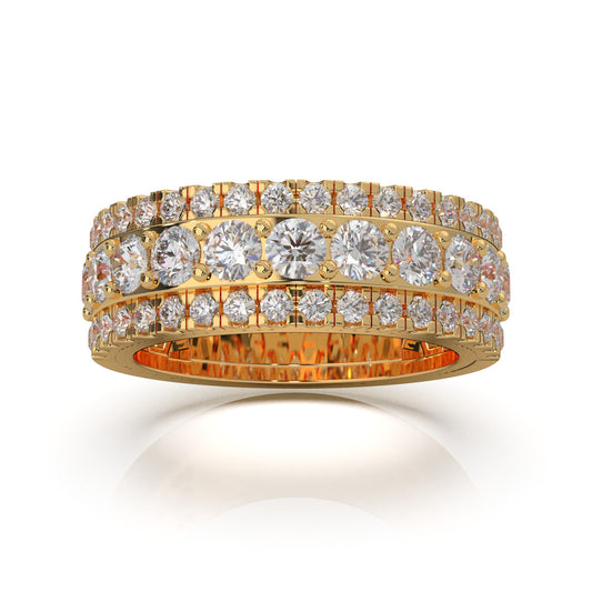 2.30 ct Lab Grown Diamond Round Cut Raised Stepped 3 Row Mens Wedding Band in 14k Yellow Gold