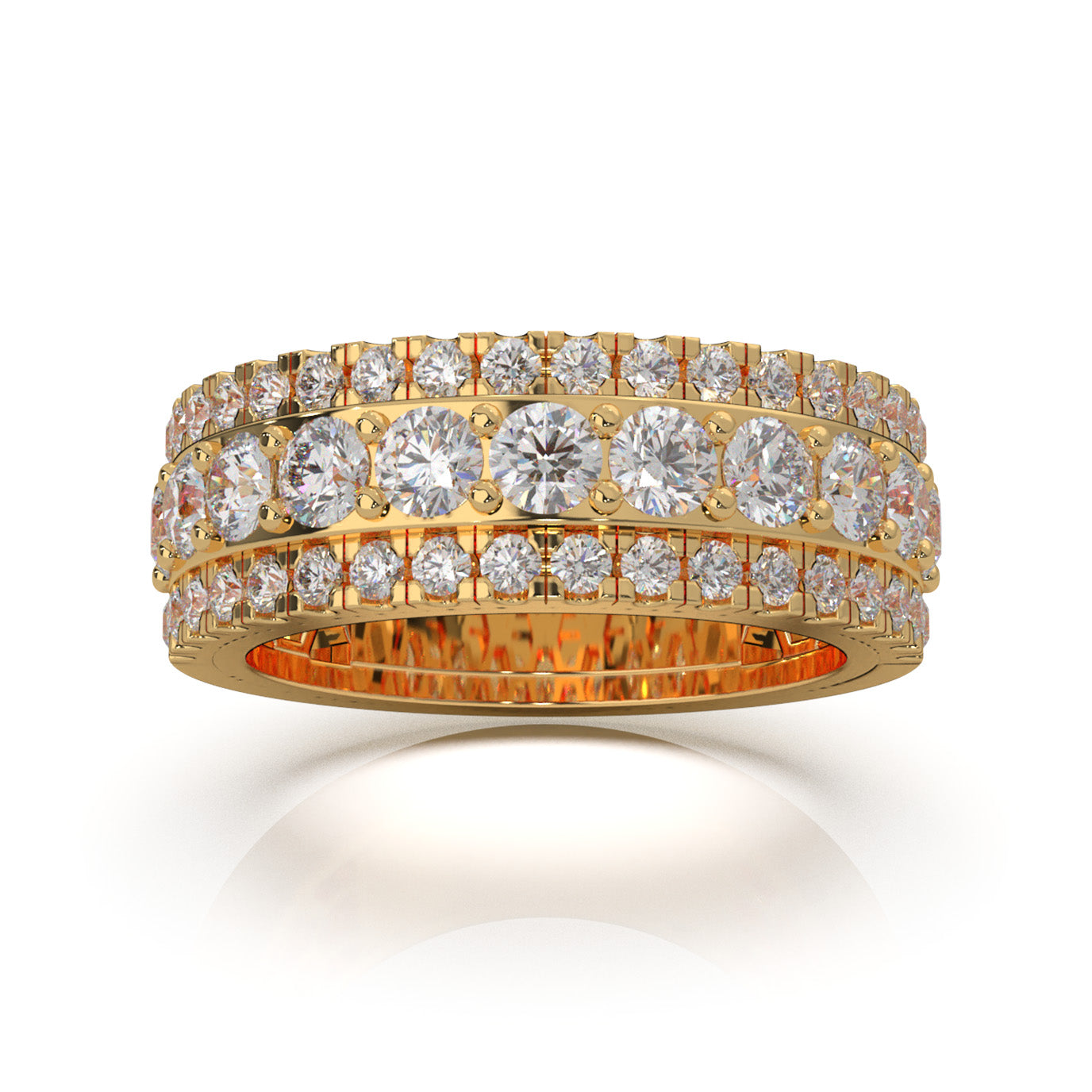 2.30 ct Natural Diamond Round Cut Raised Stepped 3 Row Mens Wedding Band in 14k Yellow Gold