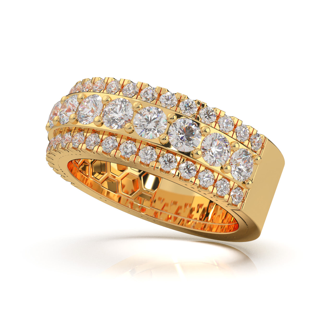 2.30 ct Lab Grown Diamond Round Cut Raised Stepped 3 Row Mens Wedding Band in 14k Yellow Gold
