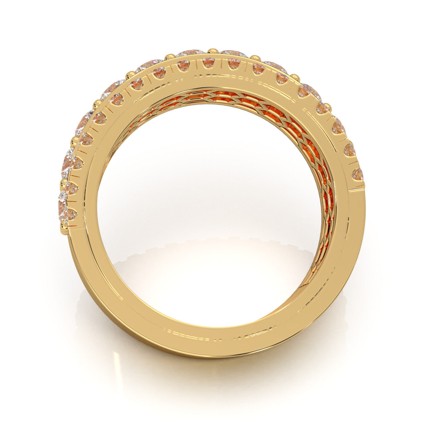 2.30 ct Moissanite Round Cut Raised Stepped 3 Row Mens Wedding Band in 10k Yellow Gold