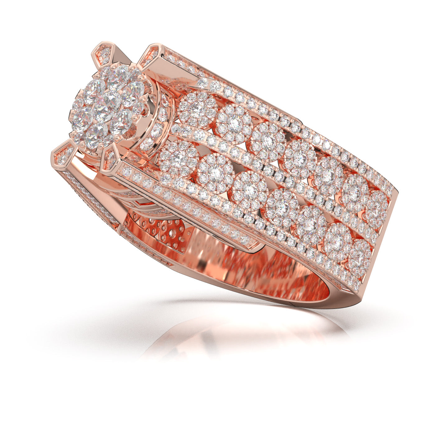 3.90 ct Moissanite Large Cluster Mens Ring in 14k Rose Gold