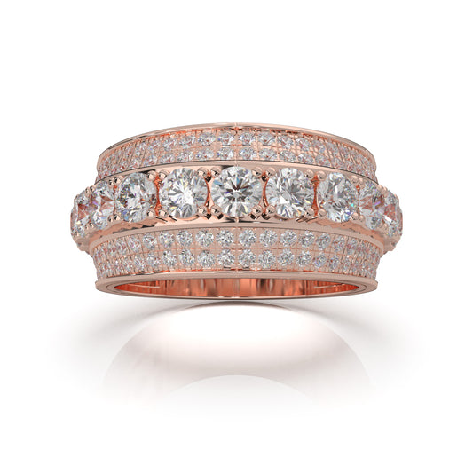 2.90 ct Natural Diamond Round Cut 5 Row Large Stones Mens Ring in 10k Rose Gold