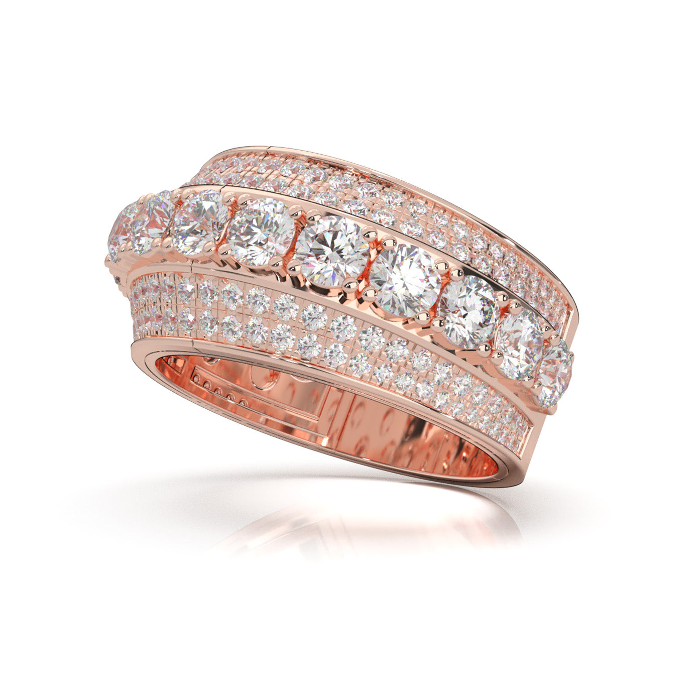2.90 ct Natural Diamond Round Cut 5 Row Large Stones Mens Ring in 10k Rose Gold