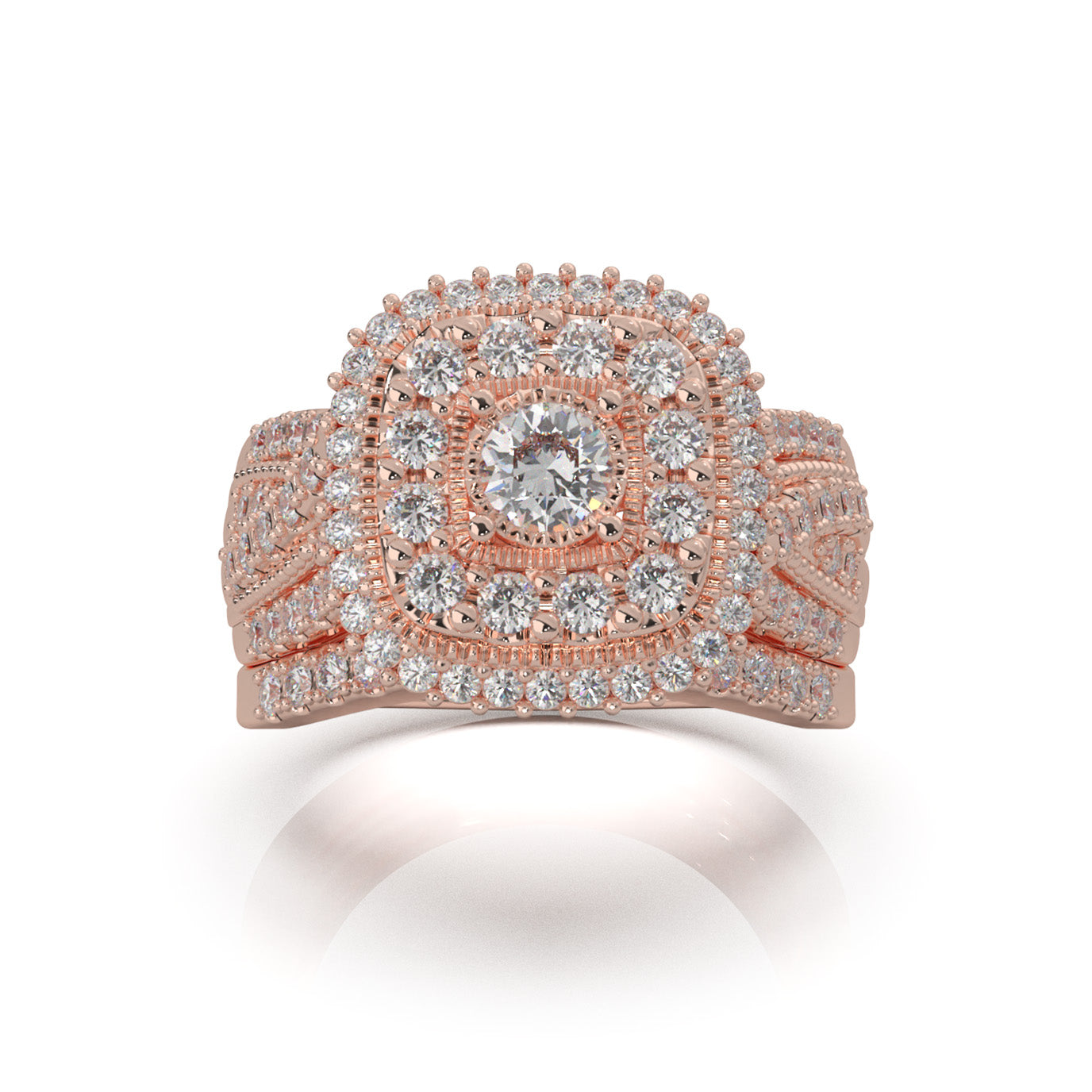 1.60 ct Natural Diamond Round Cut Square Head Double Halo Engagement Set in 10k Rose Gold
