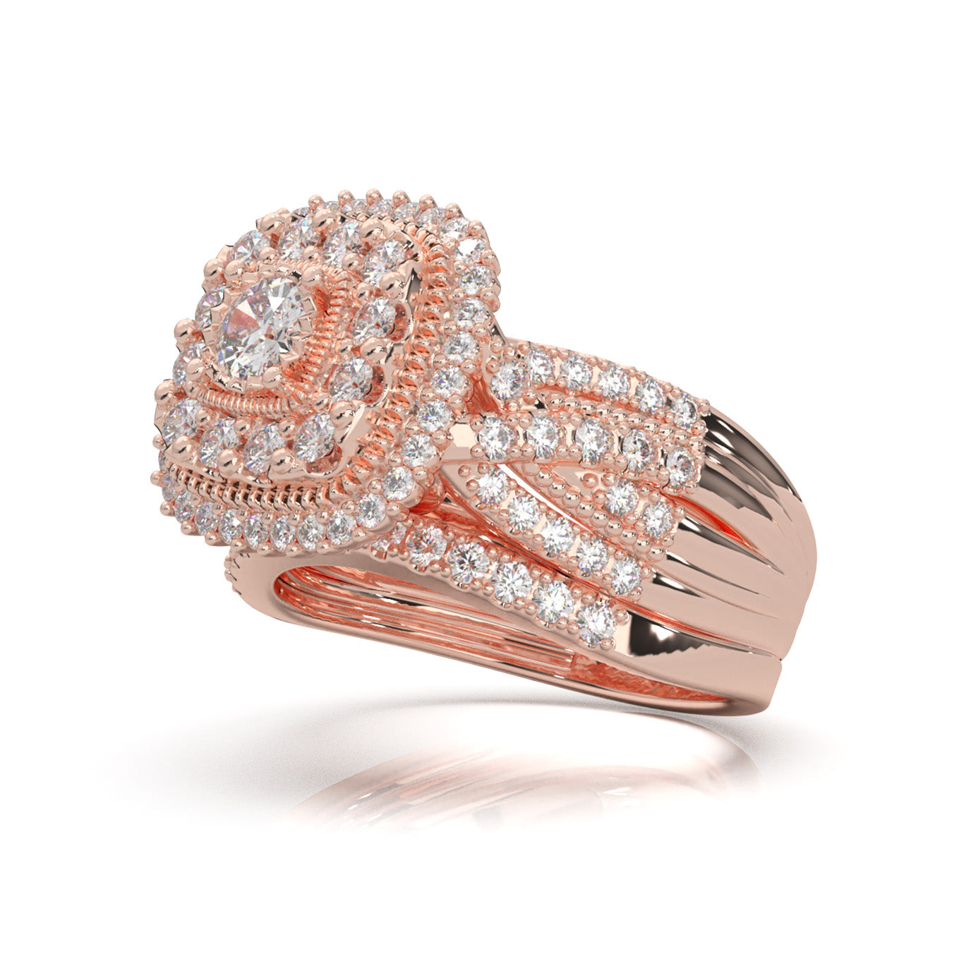 1.60 ct Lab Grown Diamond Round Cut Square Head Double Halo Engagement Set in 14k Rose Gold