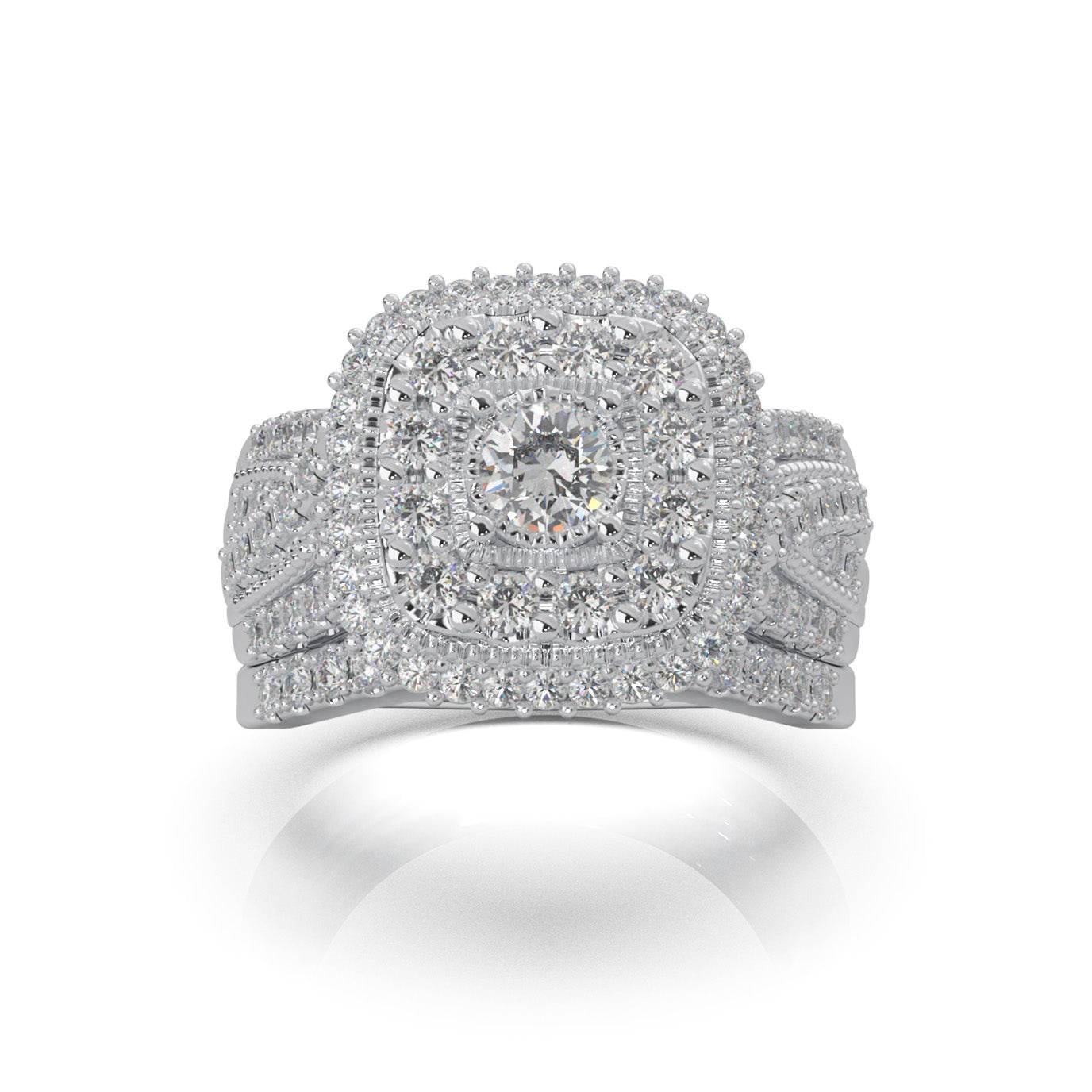 1.60 ct Moissanite Round Cut Square Head Double Halo Engagement Set in 10k White Gold