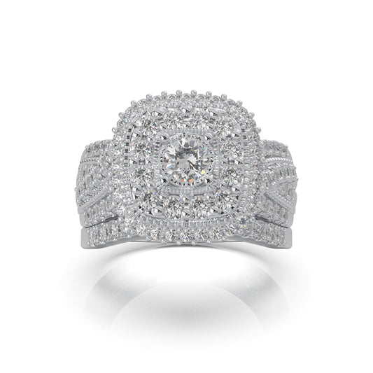 1.60 ct Lab Grown Diamond Round Cut Square Head Double Halo Engagement Set in 14k White Gold