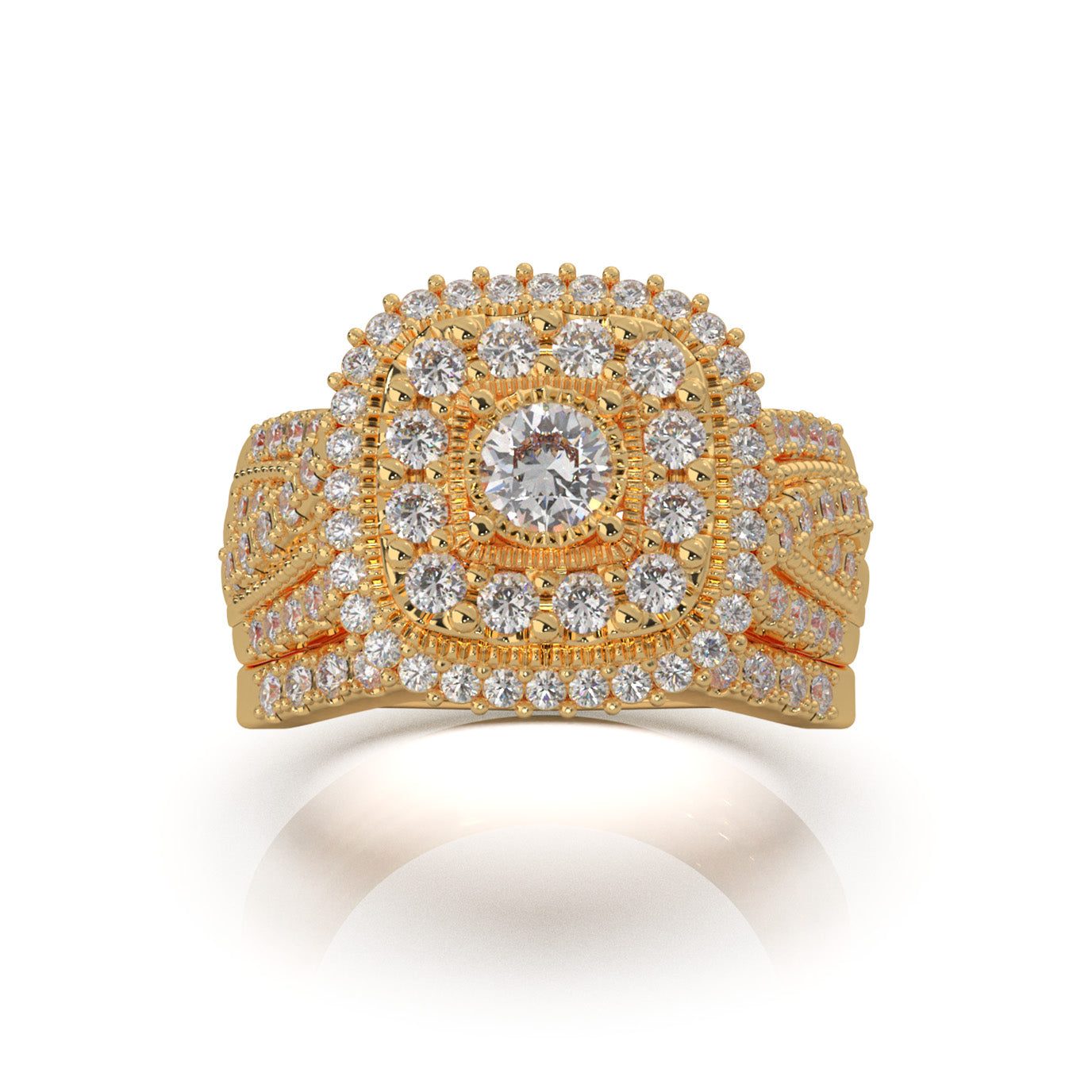 1.60 ct Moissanite Round Cut Square Head Double Halo Engagement Set in 10k Yellow Gold