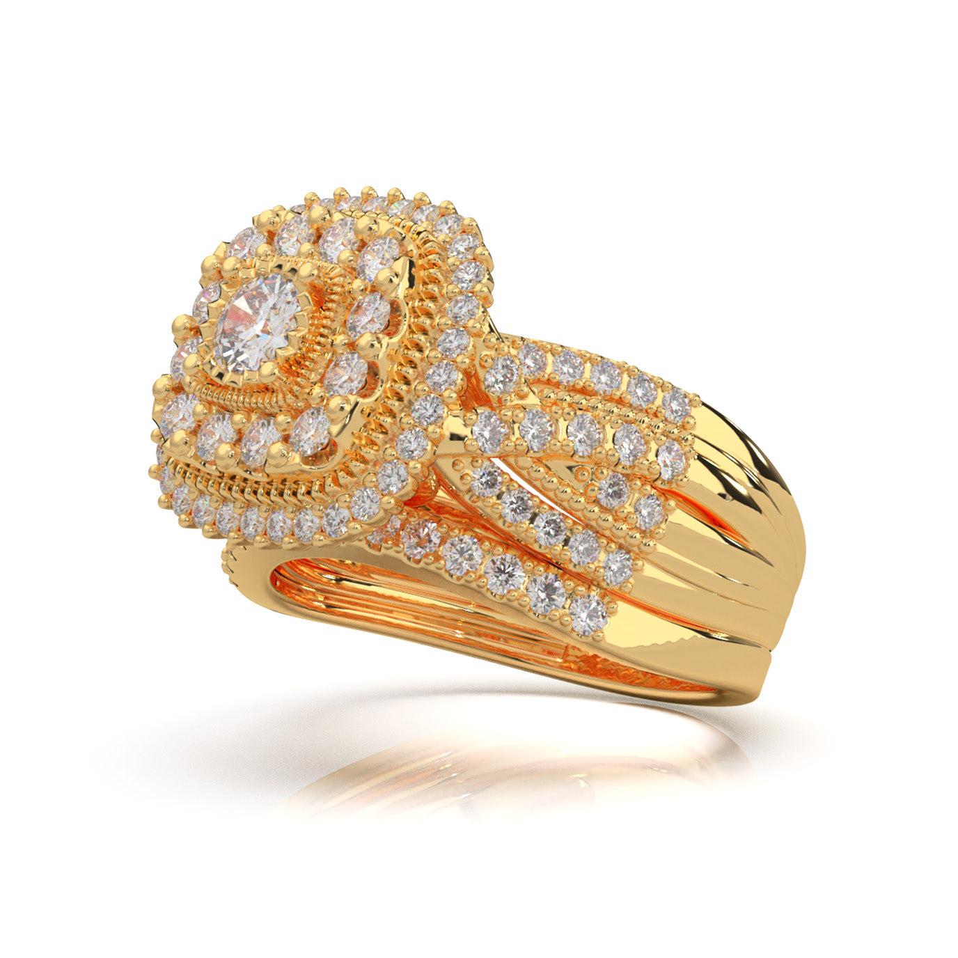 1.60 ct Moissanite Round Cut Square Head Double Halo Engagement Set in 10k Yellow Gold