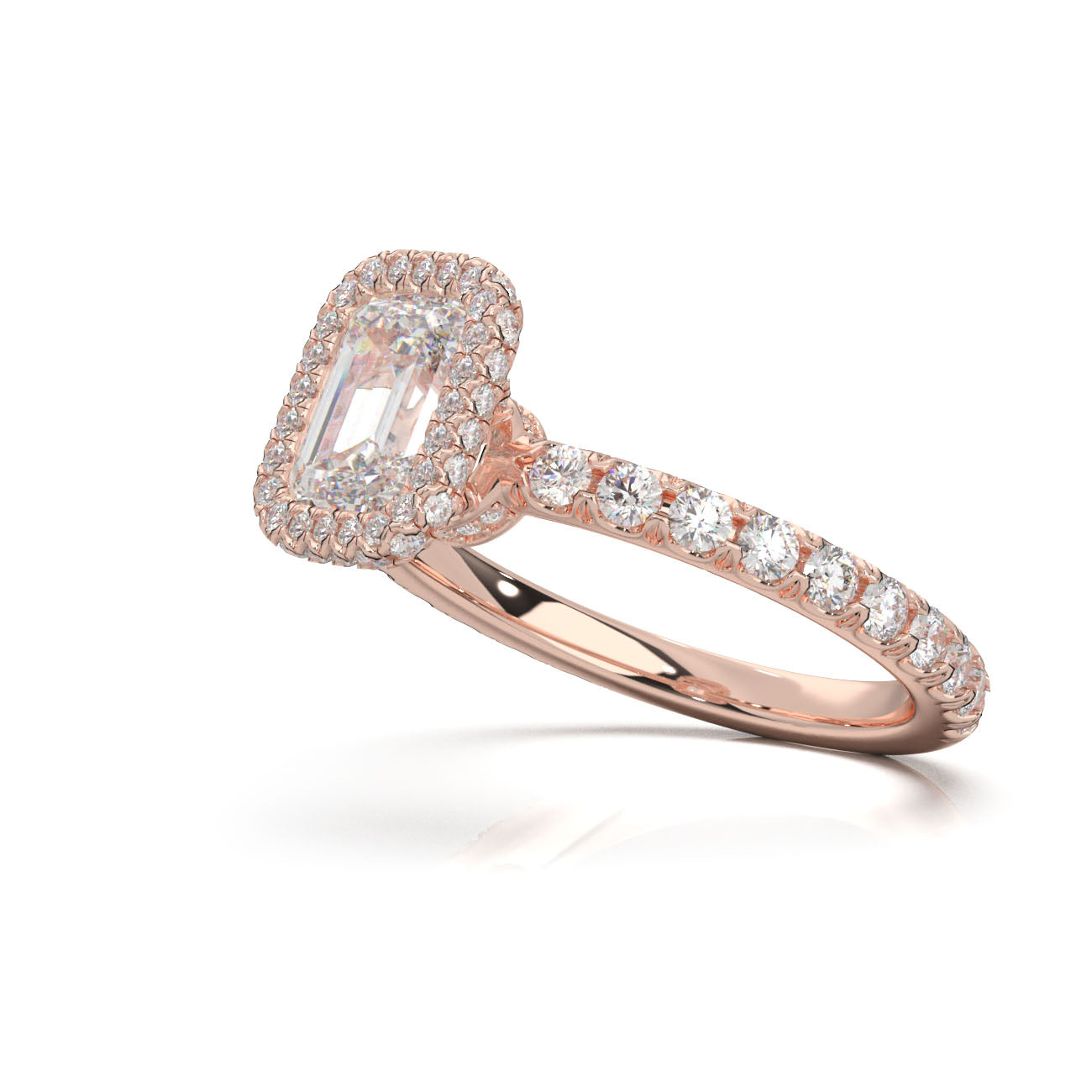 1.75 ct Emerald Cut Lab Grown Diamond Halo Engagement Ring in 14k Rose Gold