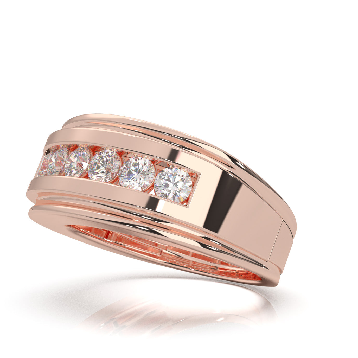 1.10 ct Moissanite Round Cut Channel Squared off Mens Wedding Band in 14k Rose Gold