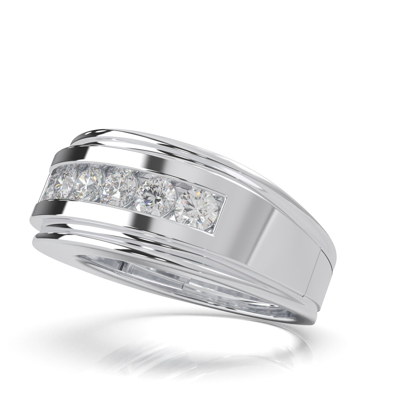 1.10 ct Moissanite Round Cut Channel Squared off Mens Wedding Band in 14k White Gold