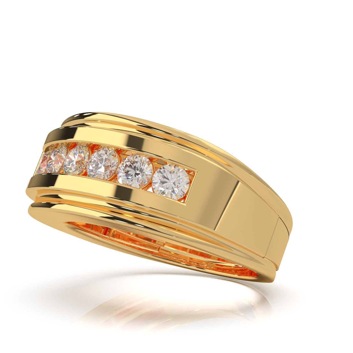 1.10 ct Moissanite Round Cut Channel Squared off Mens Wedding Band in 14k Yellow Gold