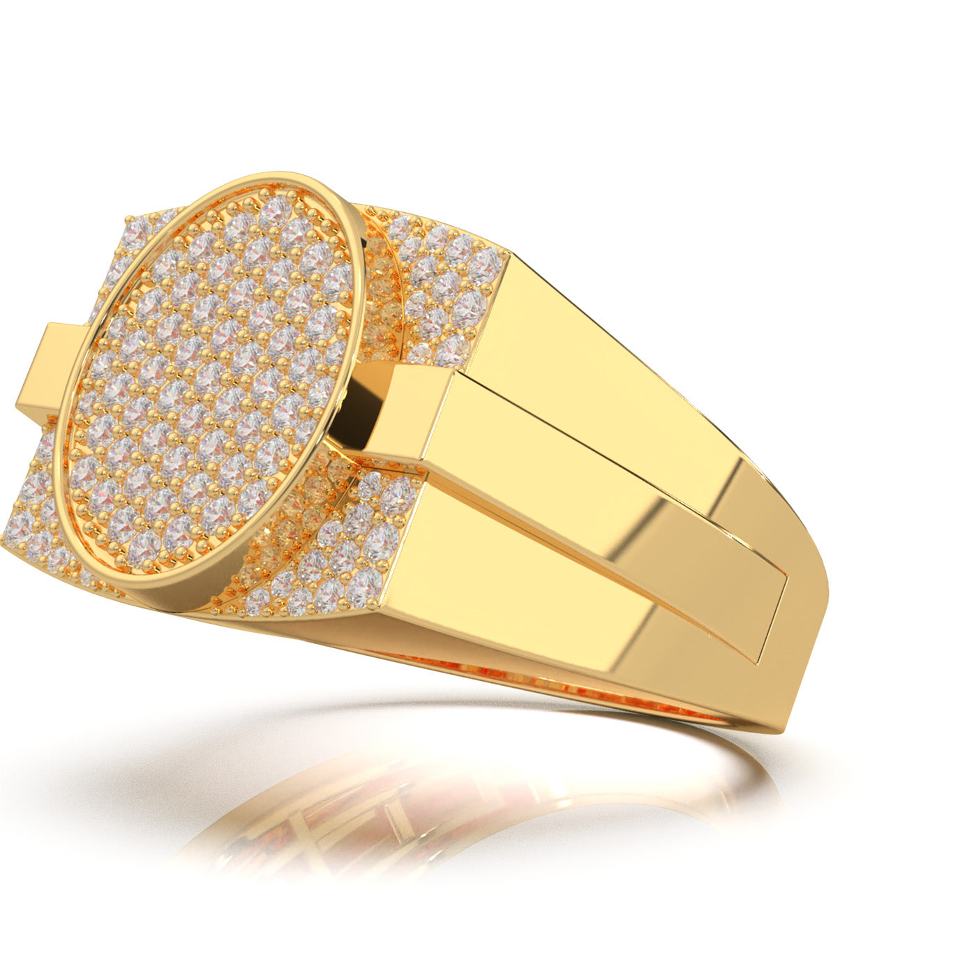 1.10 ct Natural Diamond Round Cut Oval Shape Mens Statement Ring in 14k Yellow Gold