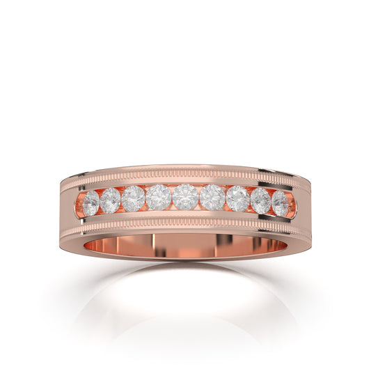 0.60 ct Lab Grown Diamond Round Cut 9 Stone Mens Channel Wedding Band in 14k Rose Gold