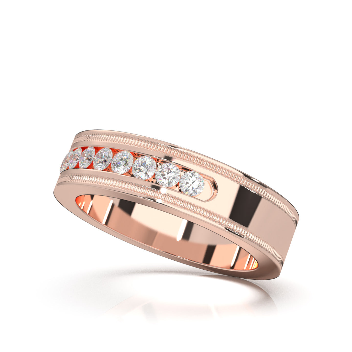 0.60 ct Moissanite Round Cut 9 Stone Mens Channel Wedding Band in 10k Rose Gold
